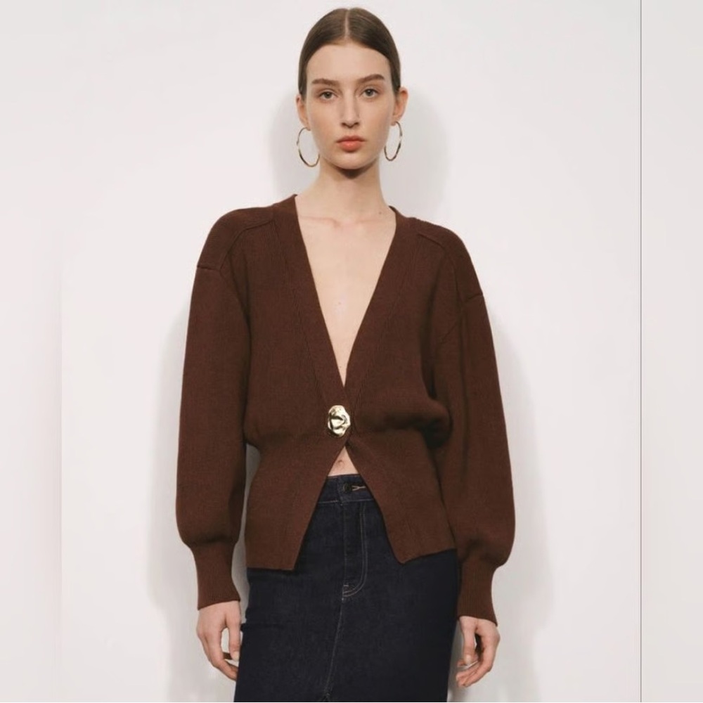 Urban Revivo Brown Knit V-Neck Fitted Waist Cardigan Sweater Sz. 8